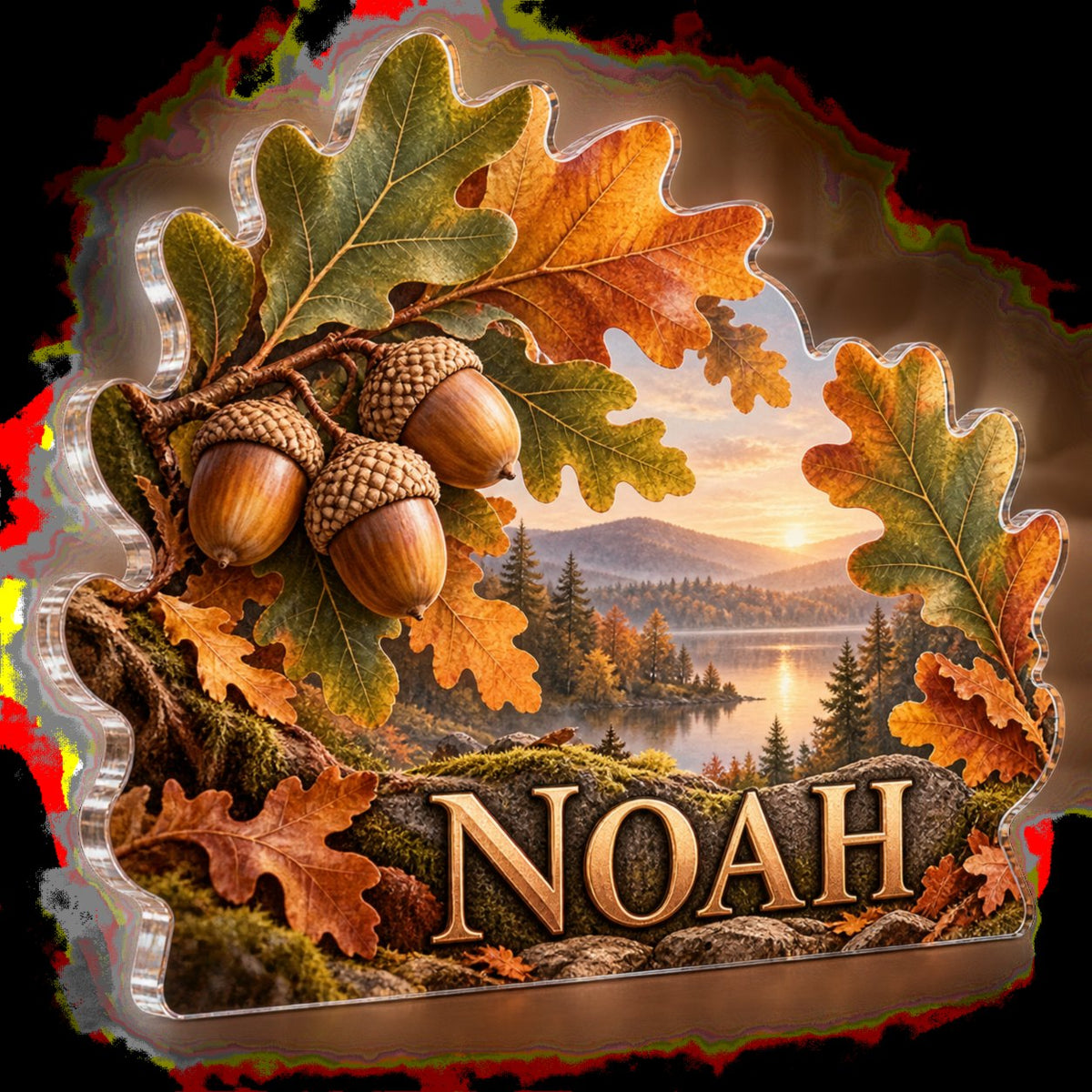Personalized Acorns And Oak Leaves Living Room Focal Point custom shape acrylic plaque with an example name set into the artwork, digital preview