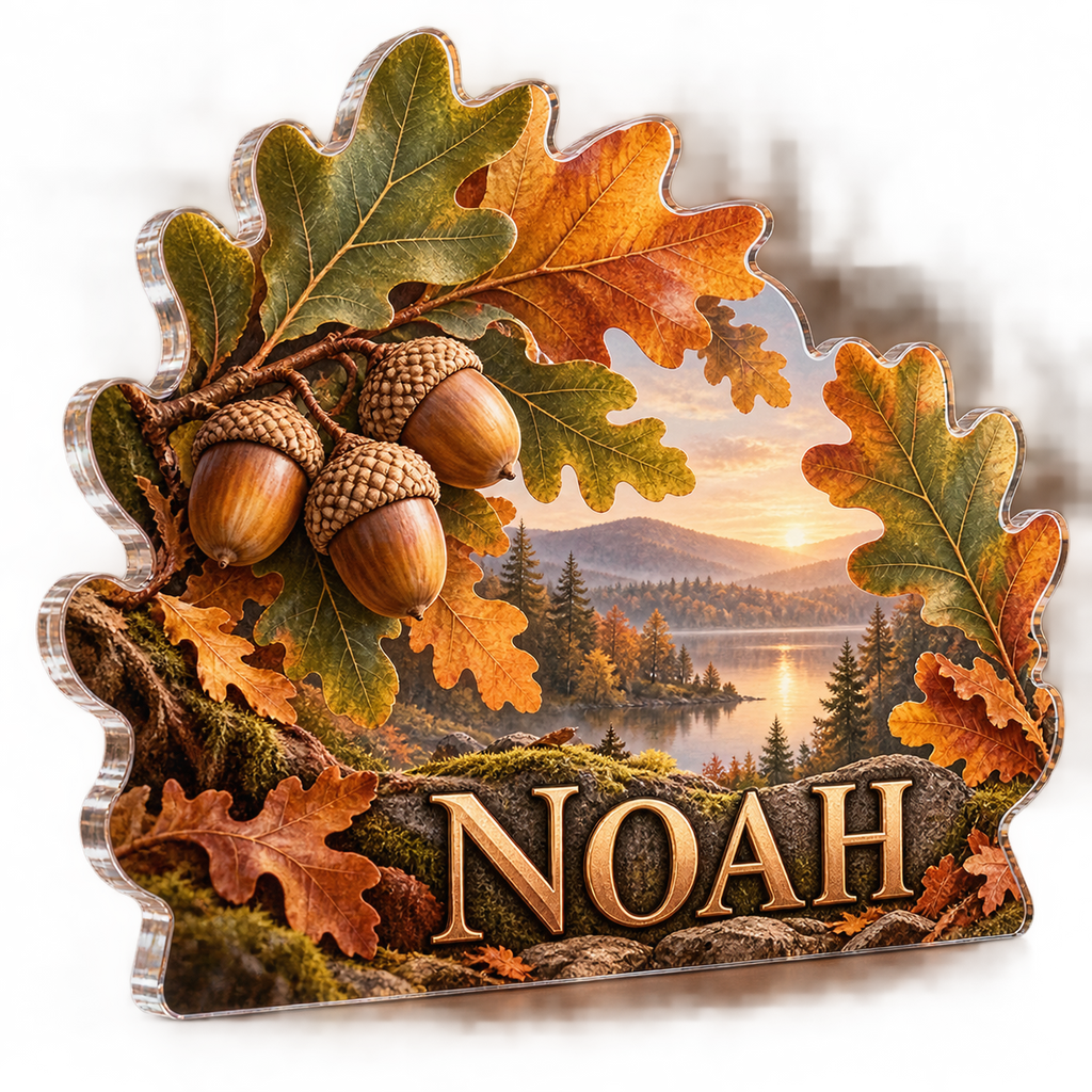 Artwork visualization: Acorns and oak leaves — living room focal point, personalized NOAH, subject-shaped acrylic with printed optical 3D depth; not carved relief.