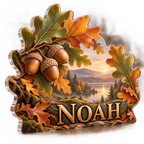 Artwork visualization: Acorns and oak leaves — living room focal point, personalized NOAH, subject-shaped acrylic with printed optical 3D depth; not carved relief.