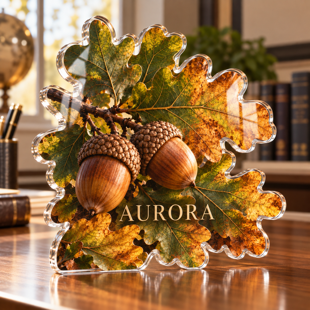 Artwork visualization: Acorns and oak leaves — home office backdrop, personalized AURORA, subject-shaped acrylic with printed optical 3D depth; not carved relief.