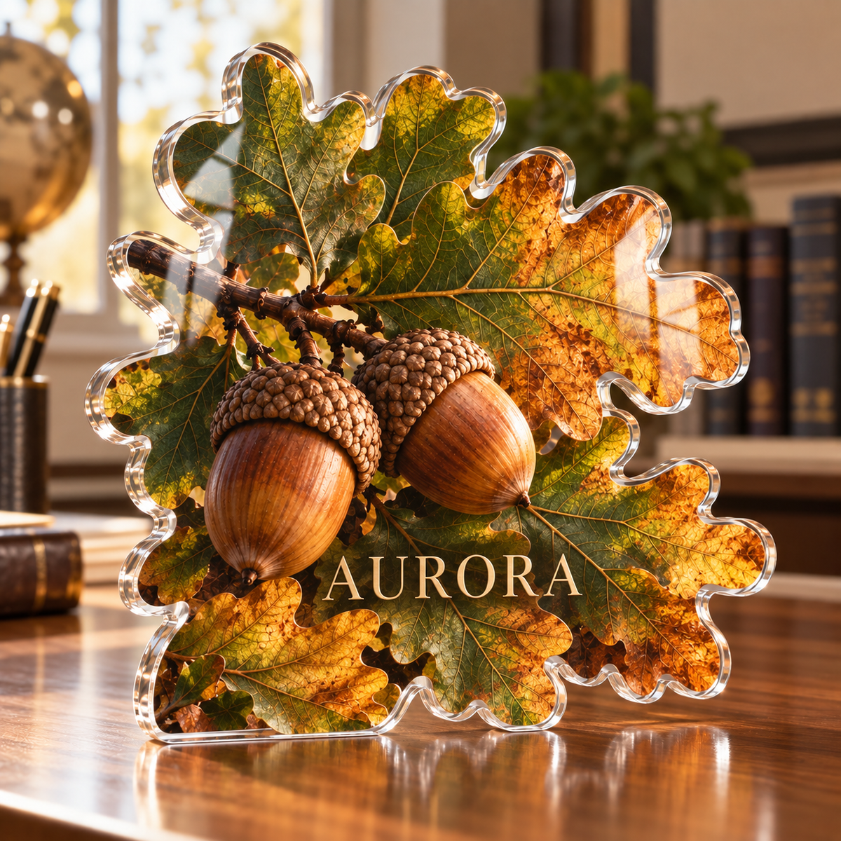 Artwork visualization: Acorns and oak leaves — home office backdrop, personalized AURORA, subject-shaped acrylic with printed optical 3D depth; not carved relief.