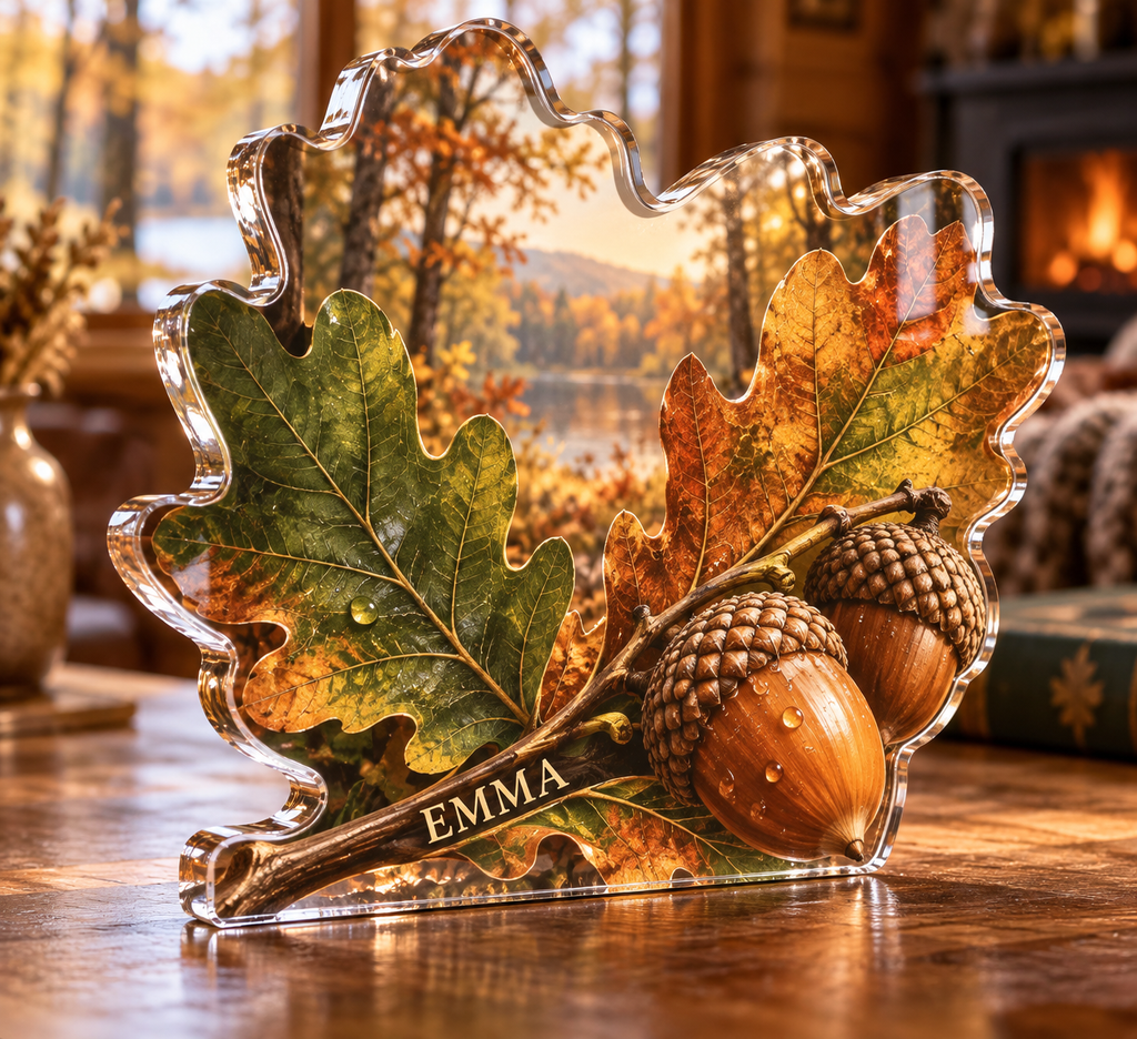 Artwork visualization: Acorns and oak leaves — personalized housewarming, personalized EMMA, subject-shaped acrylic with printed optical 3D depth; not carved relief.