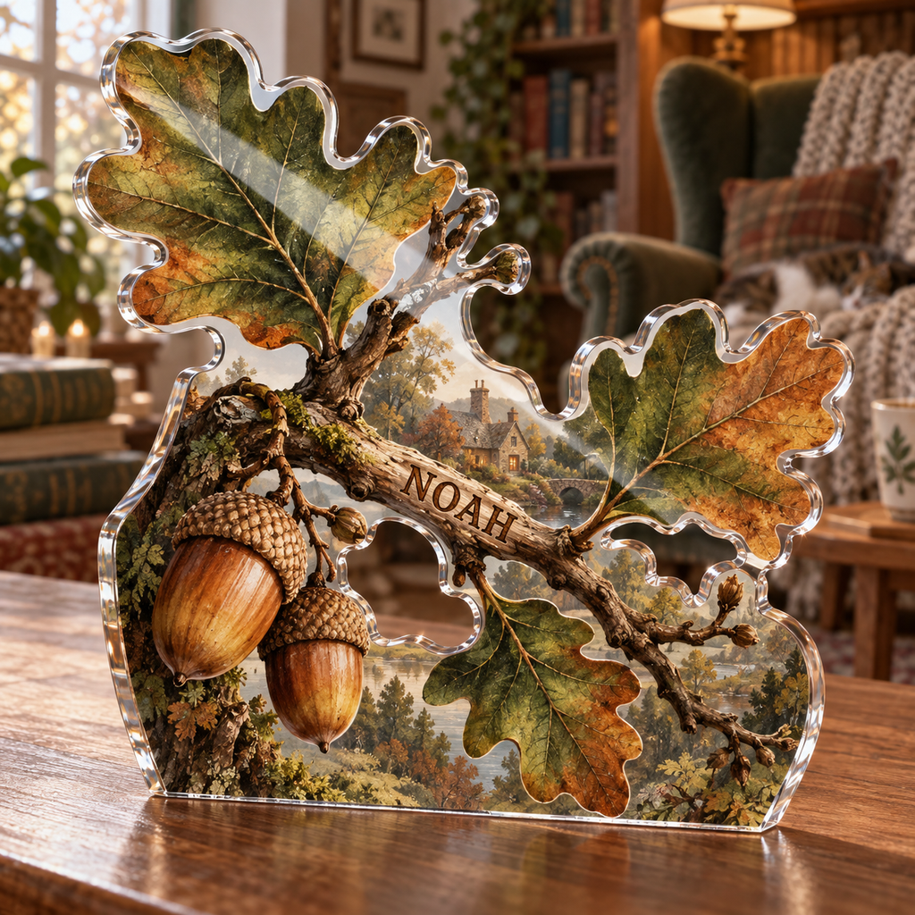 Artwork visualization: Acorns and oak leaves — quiet corner decoration, personalized NOAH, subject-shaped acrylic with printed optical 3D depth; not carved relief.