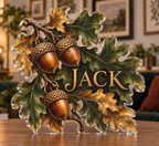 Artwork visualization: Acorns and oak leaves — apartment gallery wall, personalized JACK, subject-shaped acrylic with printed optical 3D depth; not carved relief.