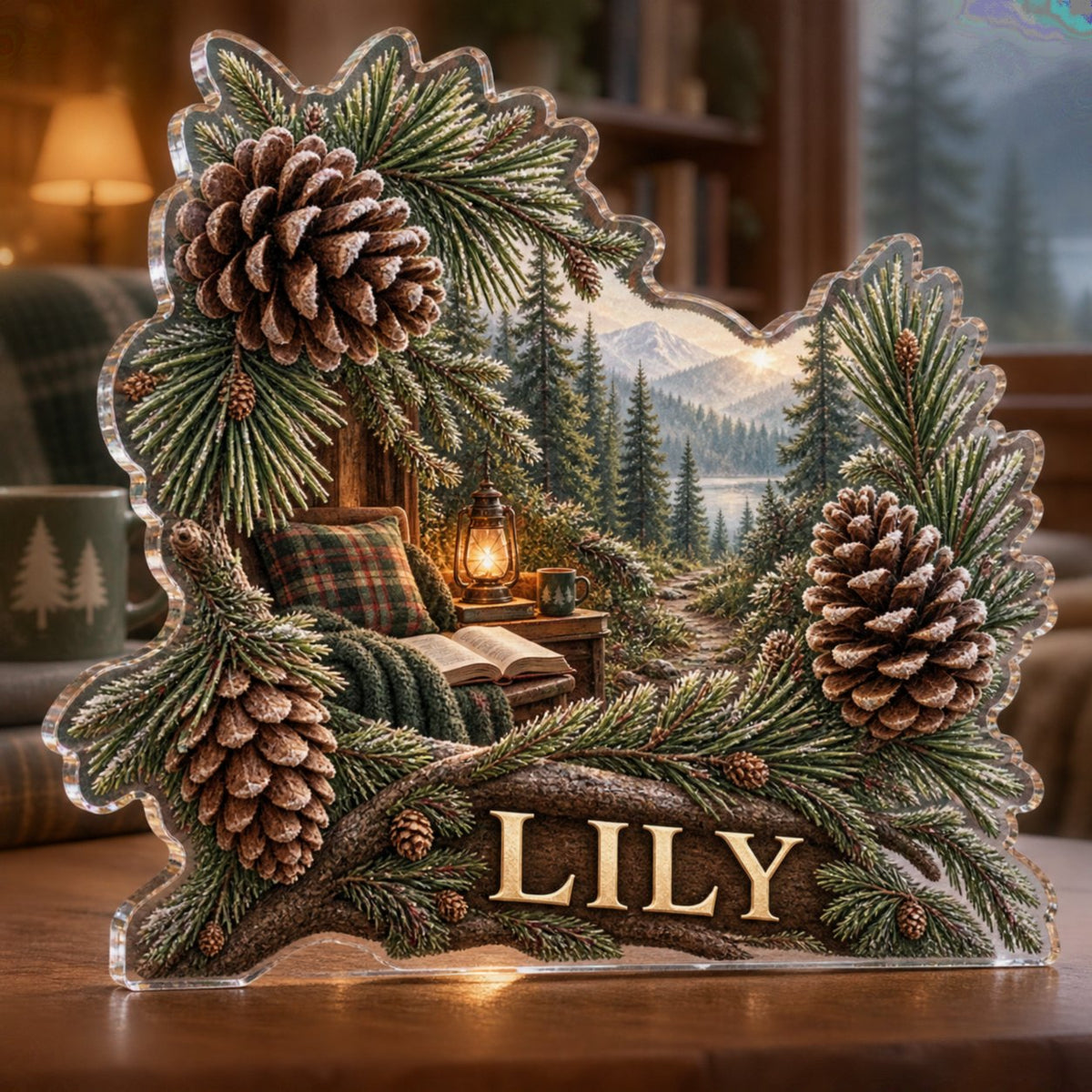 Personalized Pinecones And Needles Reading Nook Decor custom shape acrylic plaque with an example name set into the artwork, digital preview