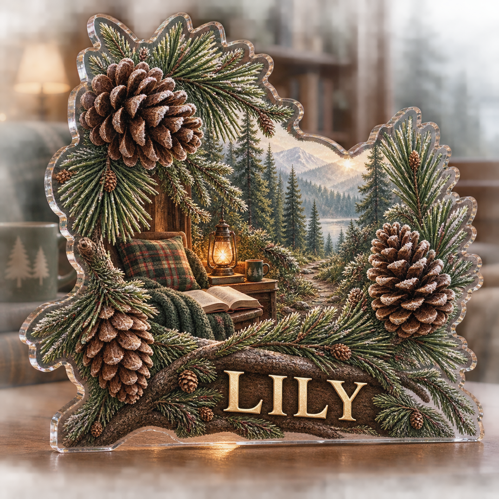 Artwork visualization: Pinecones and needles — reading nook decor, personalized LILY, subject-shaped acrylic with printed optical 3D depth; not carved relief.