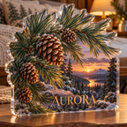 Artwork visualization: Pinecones and needles — bedroom statement decor, personalized AURORA, subject-shaped acrylic with printed optical 3D depth; not carved relief.