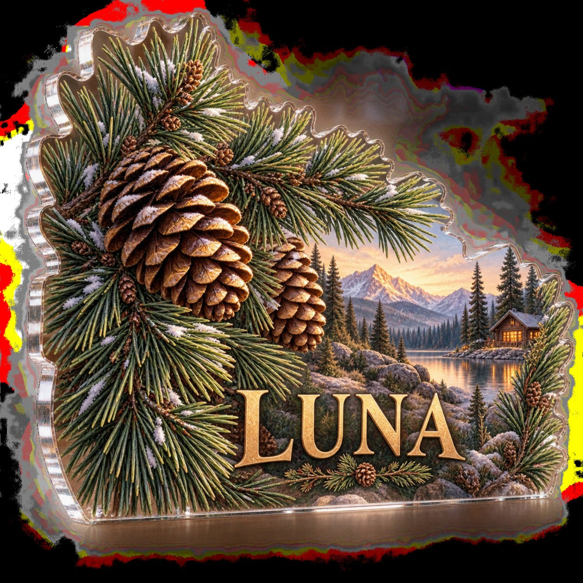 Personalized Pinecones And Needles Living Room Focal Point custom shape acrylic plaque with an example name set into the artwork, digital preview