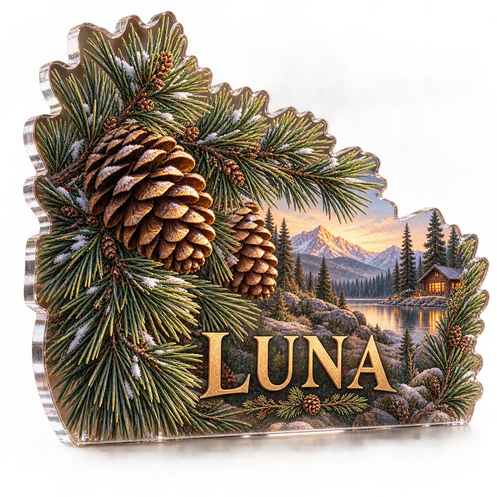 Artwork visualization: Pinecones and needles — living room focal point, personalized LUNA, subject-shaped acrylic with printed optical 3D depth; not carved relief.