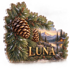 Artwork visualization: Pinecones and needles — living room focal point, personalized LUNA, subject-shaped acrylic with printed optical 3D depth; not carved relief.