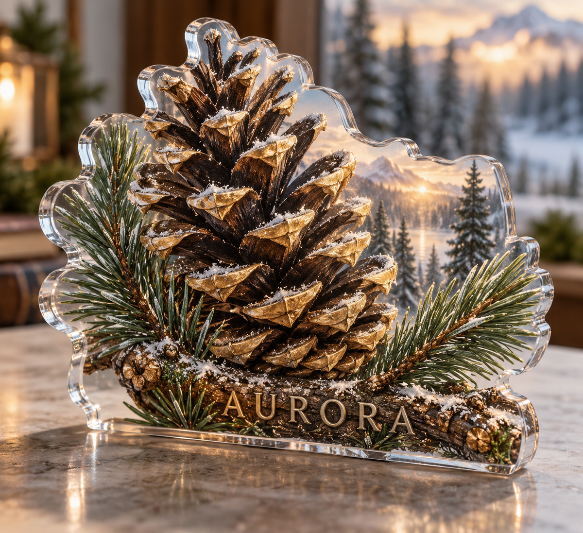 Artwork visualization: Pinecones and needles — personalized housewarming, personalized AURORA, subject-shaped acrylic with printed optical 3D depth; not carved relief.