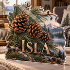 Artwork visualization: Pinecones and needles — quiet corner decoration, personalized ISLA, subject-shaped acrylic with printed optical 3D depth; not carved relief.