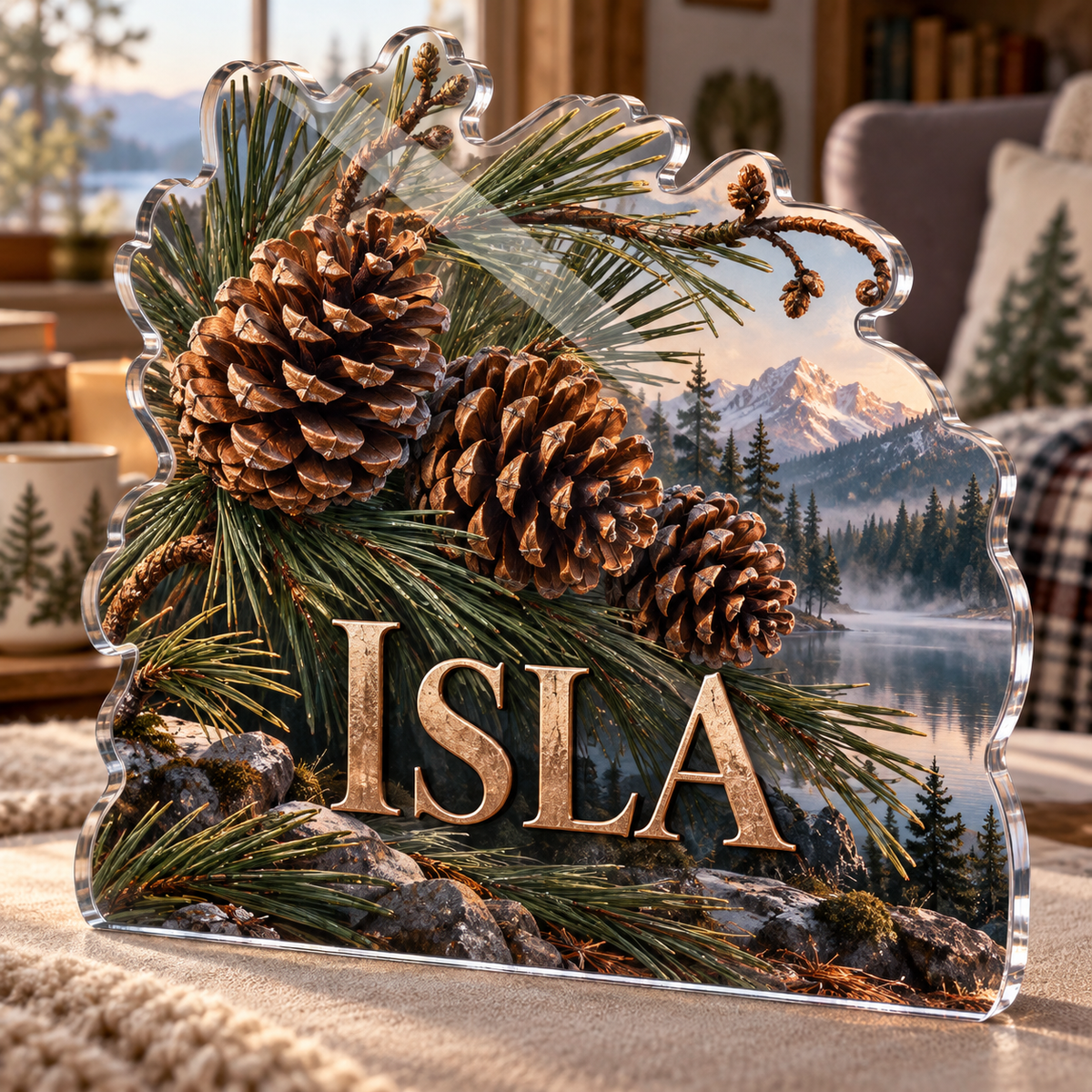 Artwork visualization: Pinecones and needles — quiet corner decoration, personalized ISLA, subject-shaped acrylic with printed optical 3D depth; not carved relief.