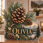 Artwork visualization: Pinecones and needles — apartment gallery wall, personalized OLIVIA, subject-shaped acrylic with printed optical 3D depth; not carved relief.