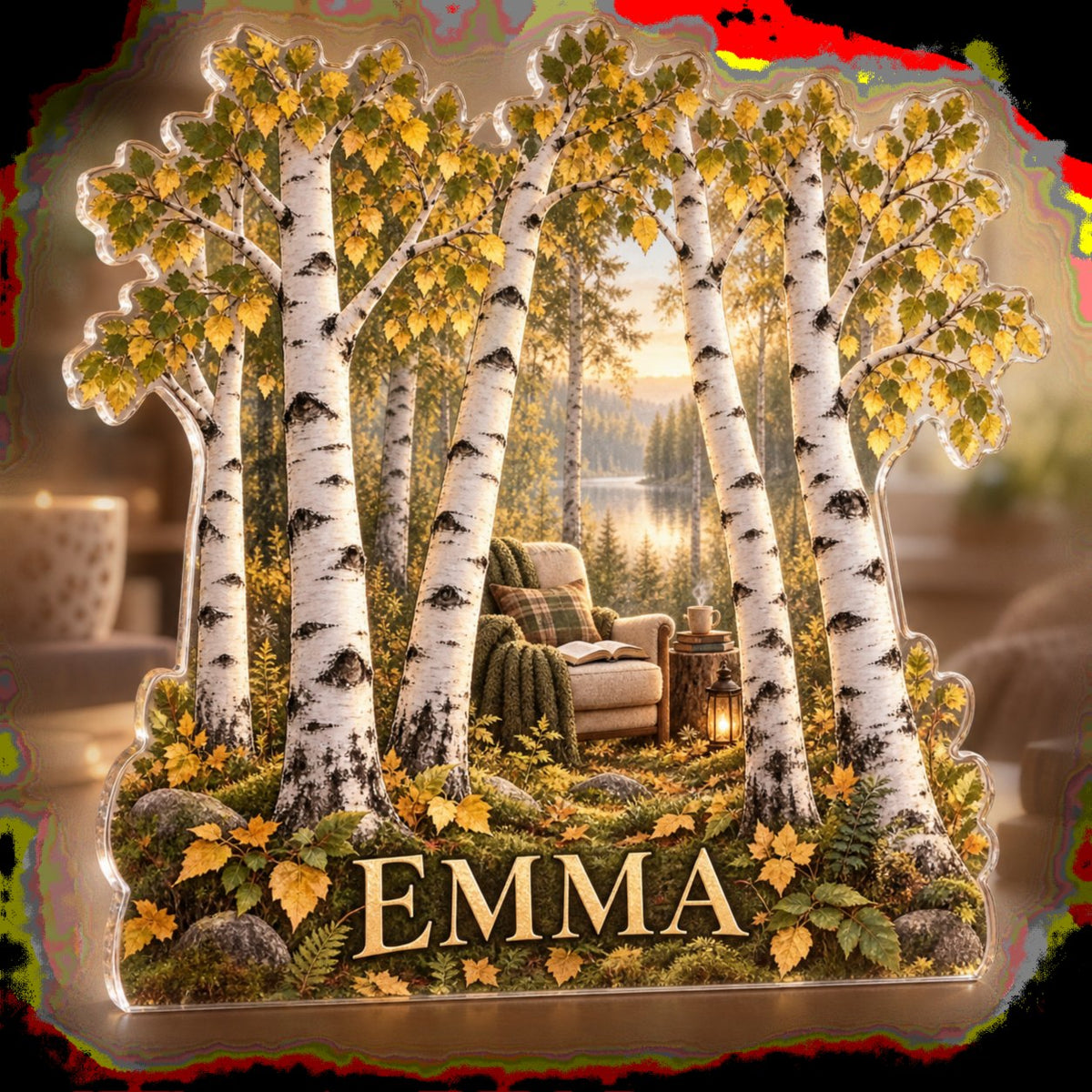 Personalized Birch Grove Reading Nook Decor custom shape acrylic plaque with an example name set into the artwork, digital preview