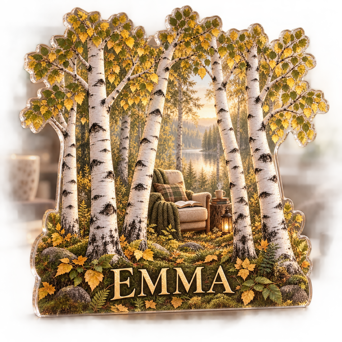 Artwork visualization: Birch grove — reading nook decor, personalized EMMA, subject-shaped acrylic with printed optical 3D depth; not carved relief.