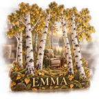 Artwork visualization: Birch grove — reading nook decor, personalized EMMA, subject-shaped acrylic with printed optical 3D depth; not carved relief.