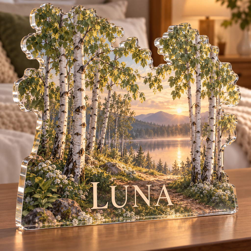 Artwork visualization: Birch grove — bedroom statement decor, personalized LUNA, subject-shaped acrylic with printed optical 3D depth; not carved relief.