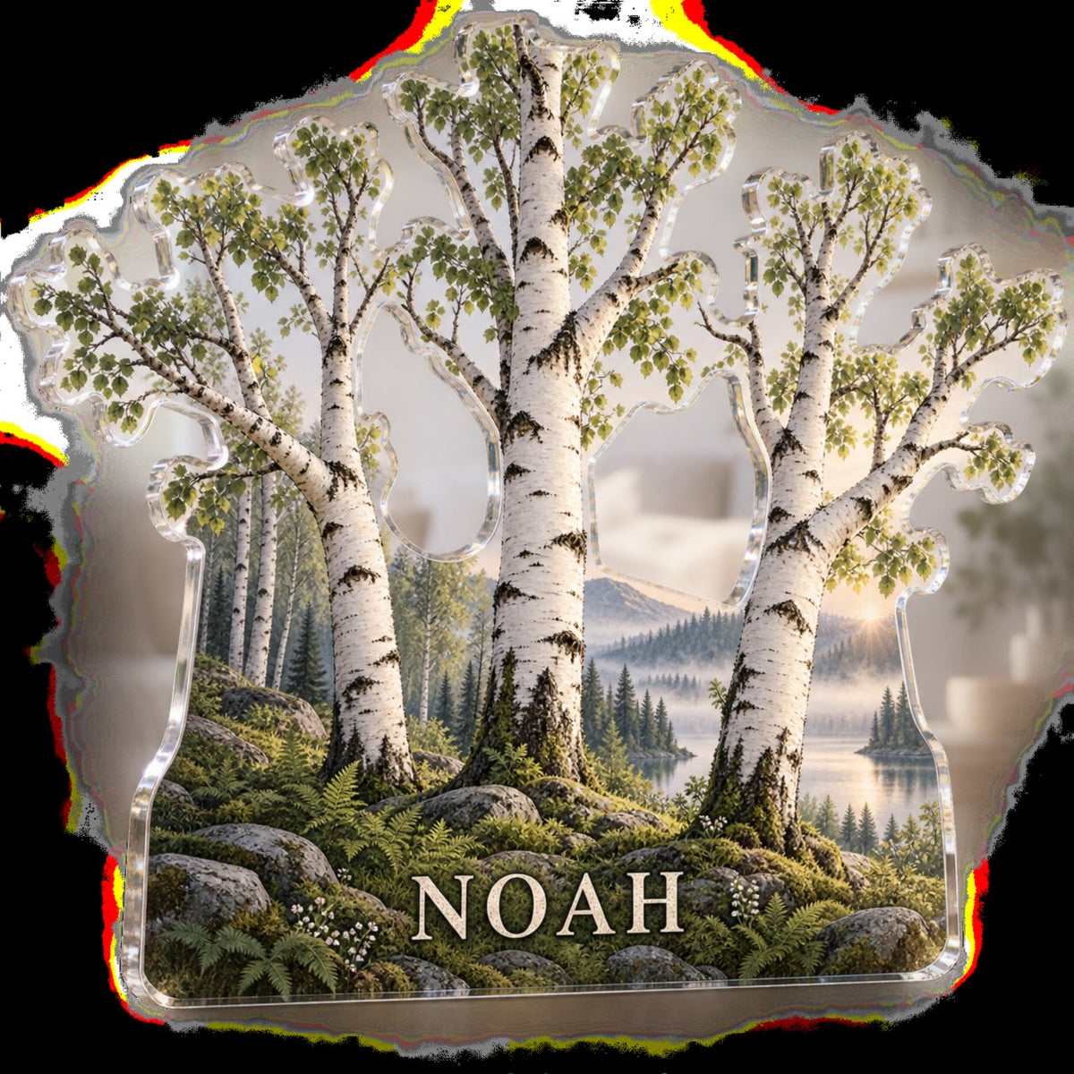 Personalized Birch Grove Living Room Focal Point custom shape acrylic plaque with an example name set into the artwork, digital preview