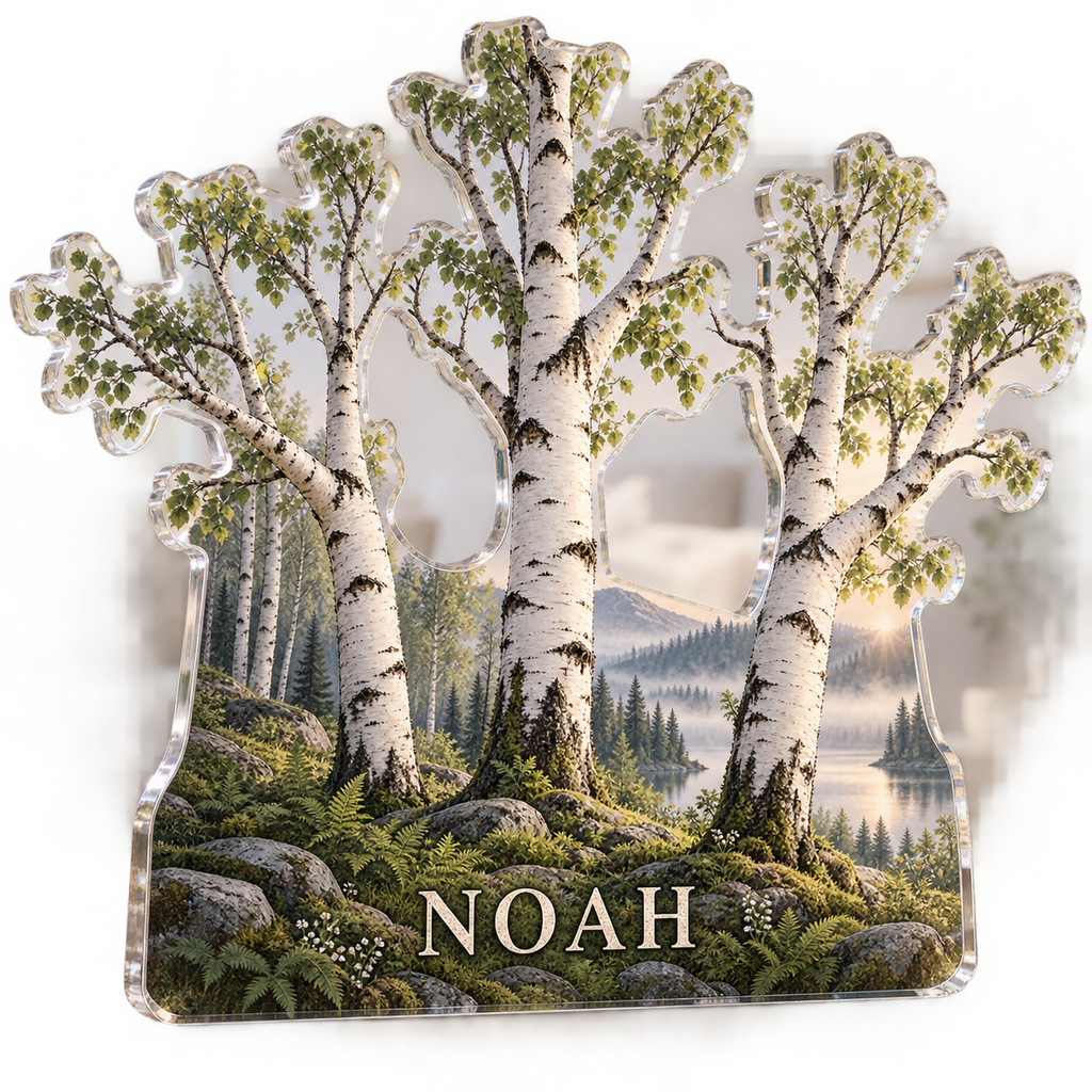 Artwork visualization: Birch grove — living room focal point, personalized NOAH, subject-shaped acrylic with printed optical 3D depth; not carved relief.