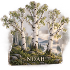 Artwork visualization: Birch grove — living room focal point, personalized NOAH, subject-shaped acrylic with printed optical 3D depth; not carved relief.