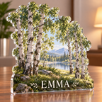 Artwork visualization: Birch grove — home office backdrop, personalized EMMA, subject-shaped acrylic with printed optical 3D depth; not carved relief.