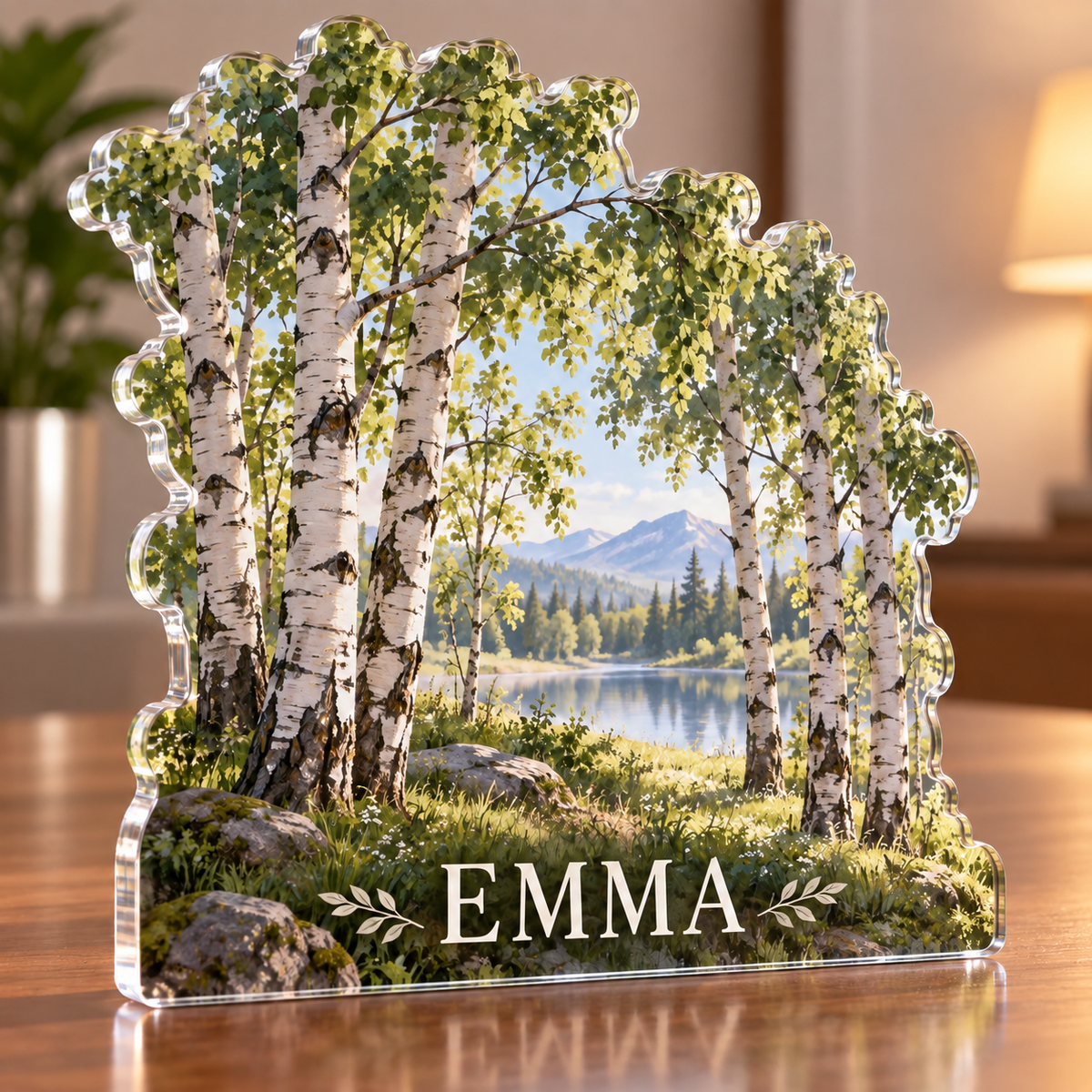 Artwork visualization: Birch grove — home office backdrop, personalized EMMA, subject-shaped acrylic with printed optical 3D depth; not carved relief.