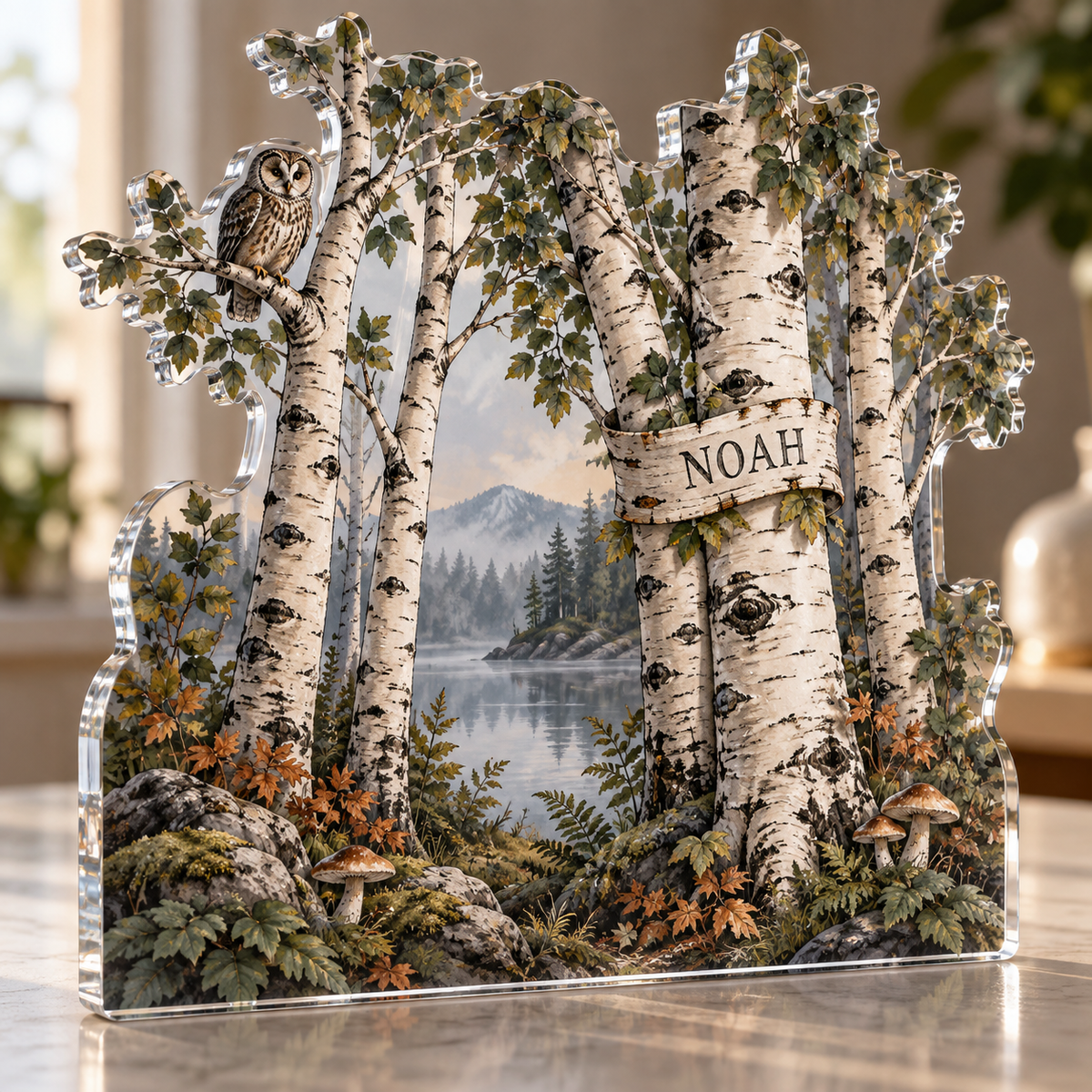 Artwork visualization: Birch grove — quiet corner decoration, personalized NOAH, subject-shaped acrylic with printed optical 3D depth; not carved relief.