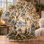 Artwork visualization: Birch grove — apartment gallery wall, personalized SOPHIA, subject-shaped acrylic with printed optical 3D depth; not carved relief.