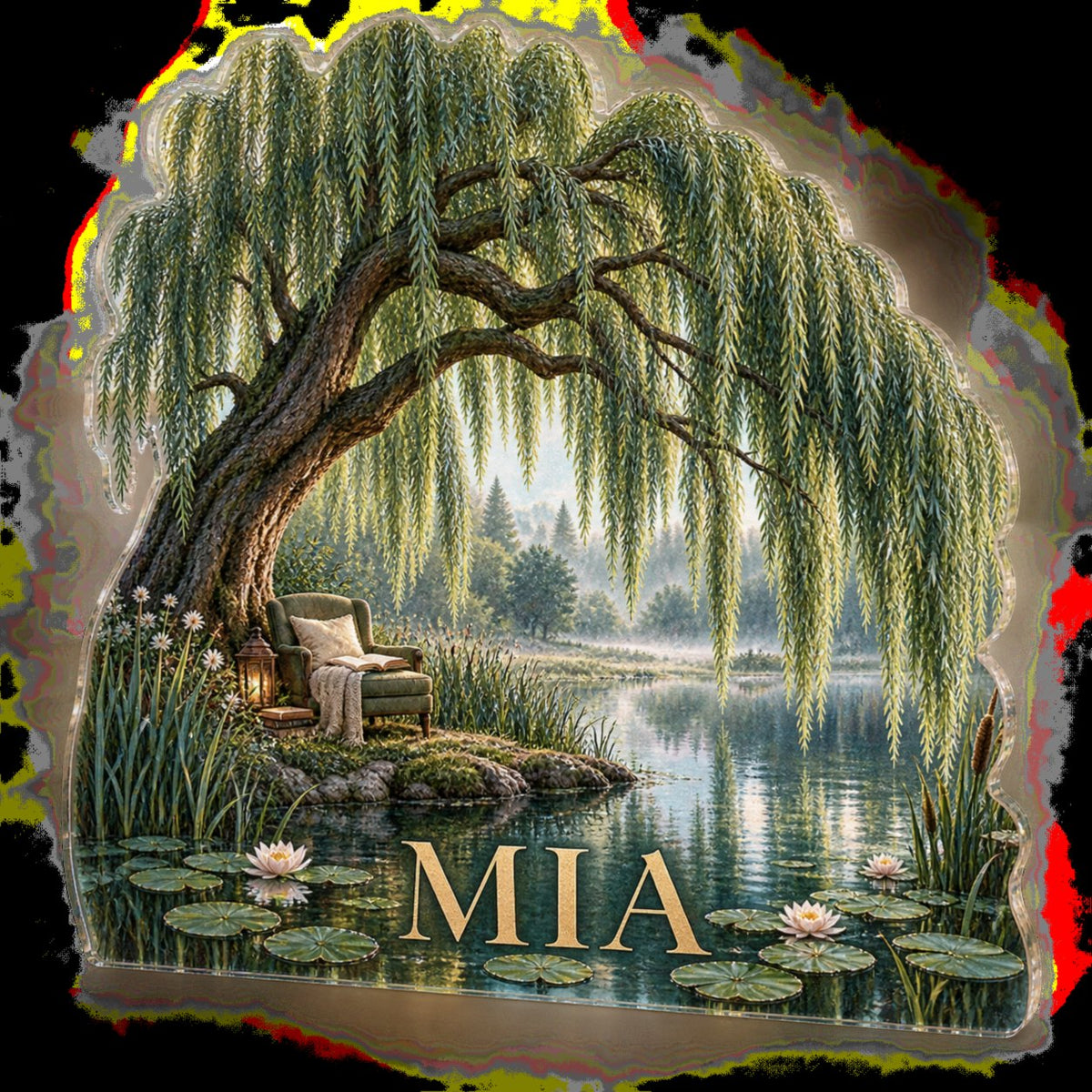 Personalized Willow Pond Reading Nook Decor custom shape acrylic plaque with an example name set into the artwork, digital preview