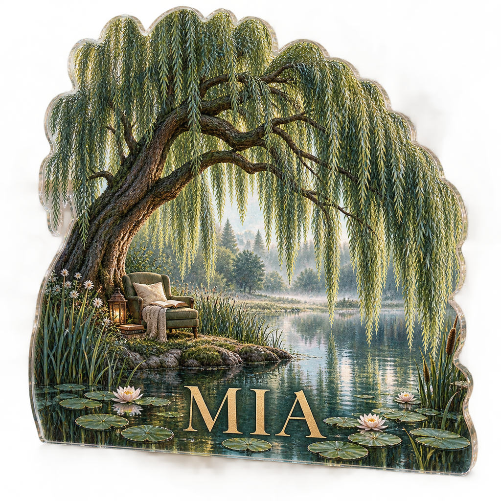 Artwork visualization: Willow pond — reading nook decor, personalized MIA, subject-shaped acrylic with printed optical 3D depth; not carved relief.