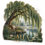 Artwork visualization: Willow pond — reading nook decor, personalized MIA, subject-shaped acrylic with printed optical 3D depth; not carved relief.