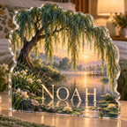 Artwork visualization: Willow pond — bedroom statement decor, personalized NOAH, subject-shaped acrylic with printed optical 3D depth; not carved relief.