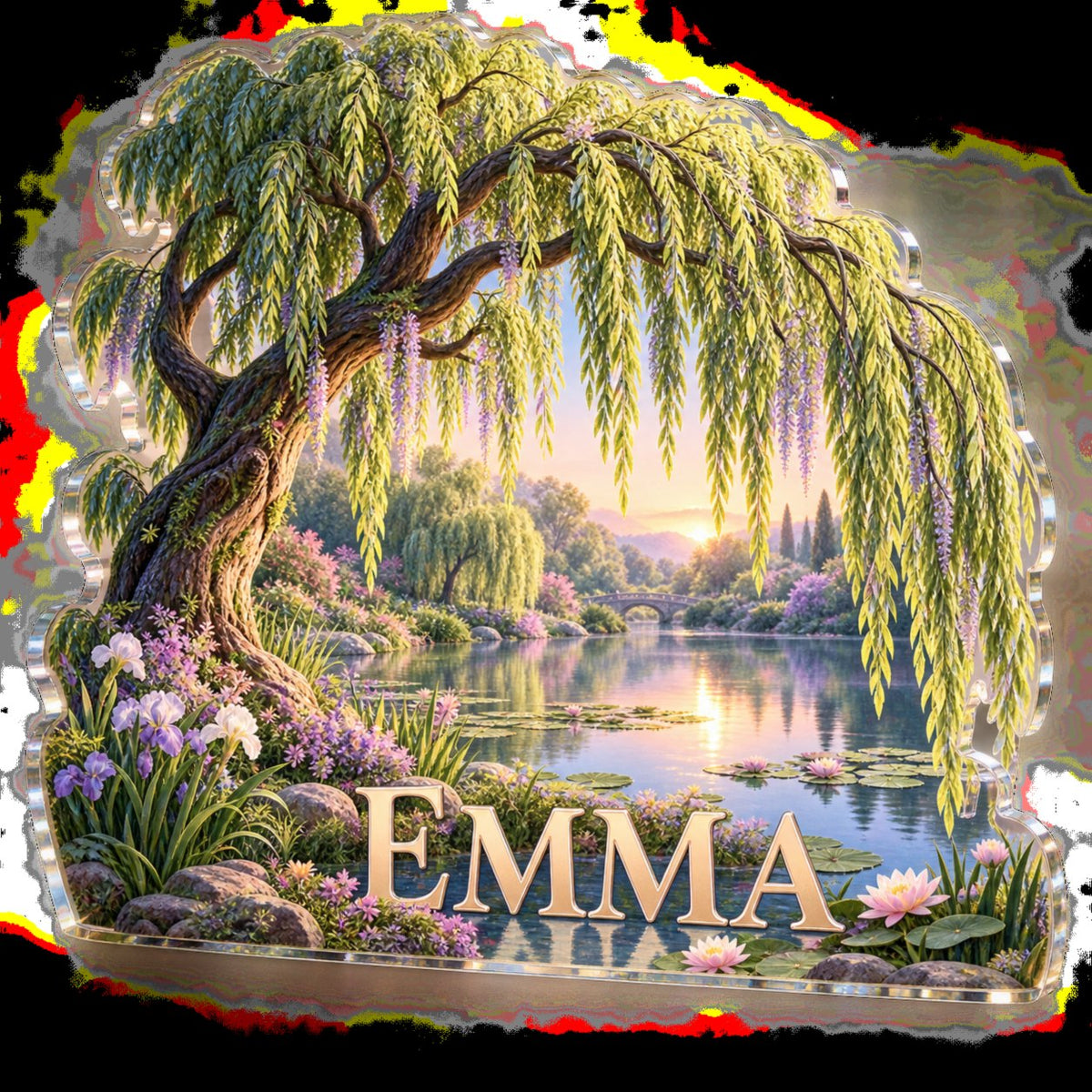 Personalized Willow Pond Living Room Focal Point custom shape acrylic plaque with an example name set into the artwork, digital preview