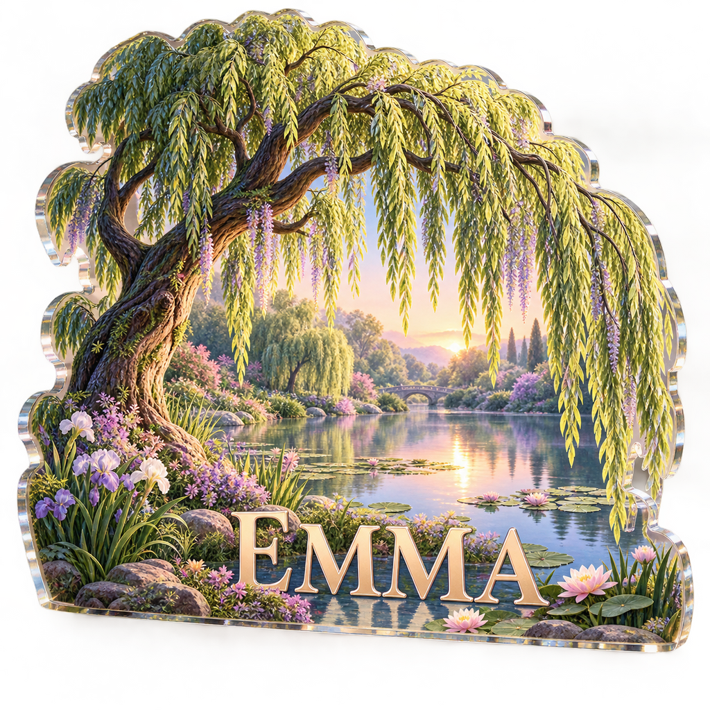 Artwork visualization: Willow pond — living room focal point, personalized EMMA, subject-shaped acrylic with printed optical 3D depth; not carved relief.