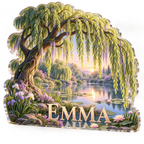 Artwork visualization: Willow pond — living room focal point, personalized EMMA, subject-shaped acrylic with printed optical 3D depth; not carved relief.