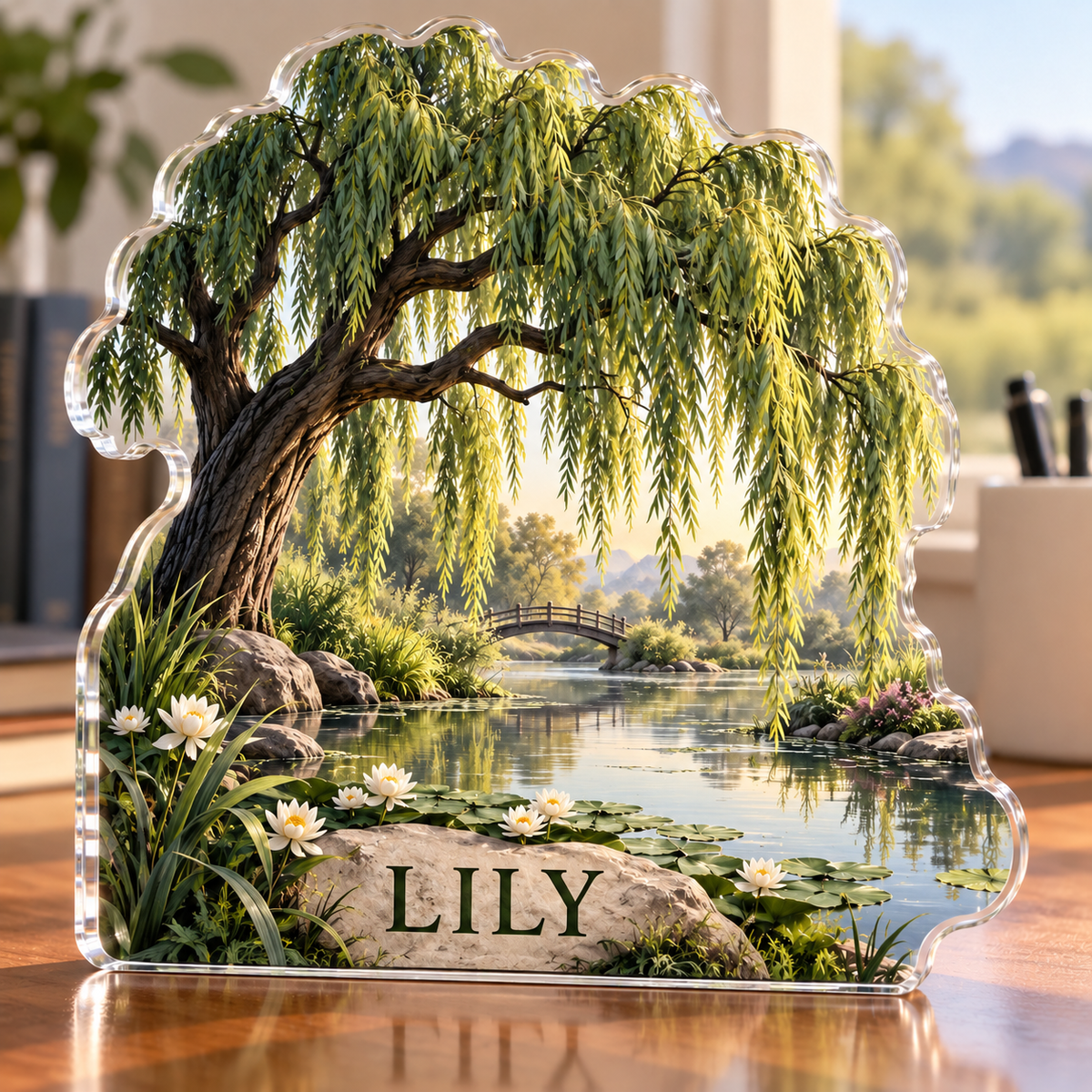 Artwork visualization: Willow pond — home office backdrop, personalized LILY, subject-shaped acrylic with printed optical 3D depth; not carved relief.
