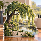 Artwork visualization: Willow pond — home office backdrop, personalized LILY, subject-shaped acrylic with printed optical 3D depth; not carved relief.