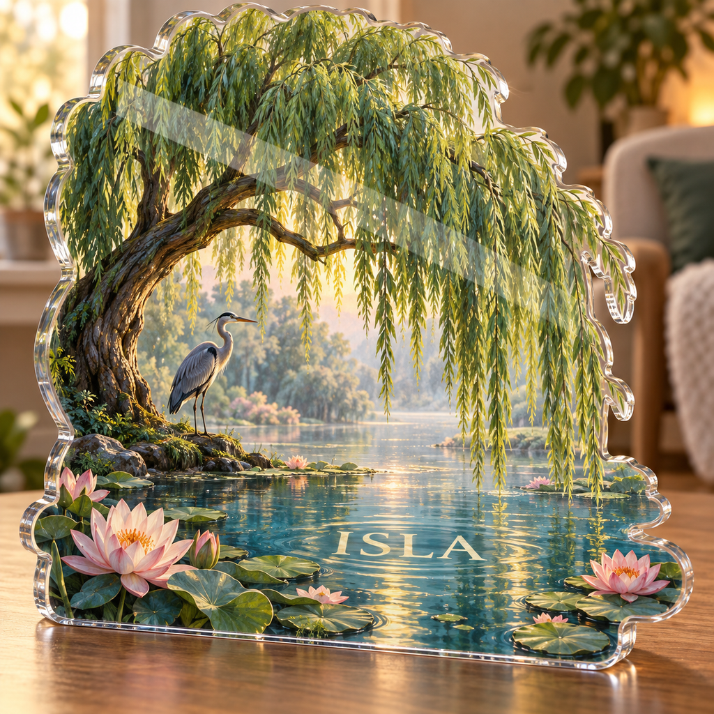 Artwork visualization: Willow pond — quiet corner decoration, personalized ISLA, subject-shaped acrylic with printed optical 3D depth; not carved relief.