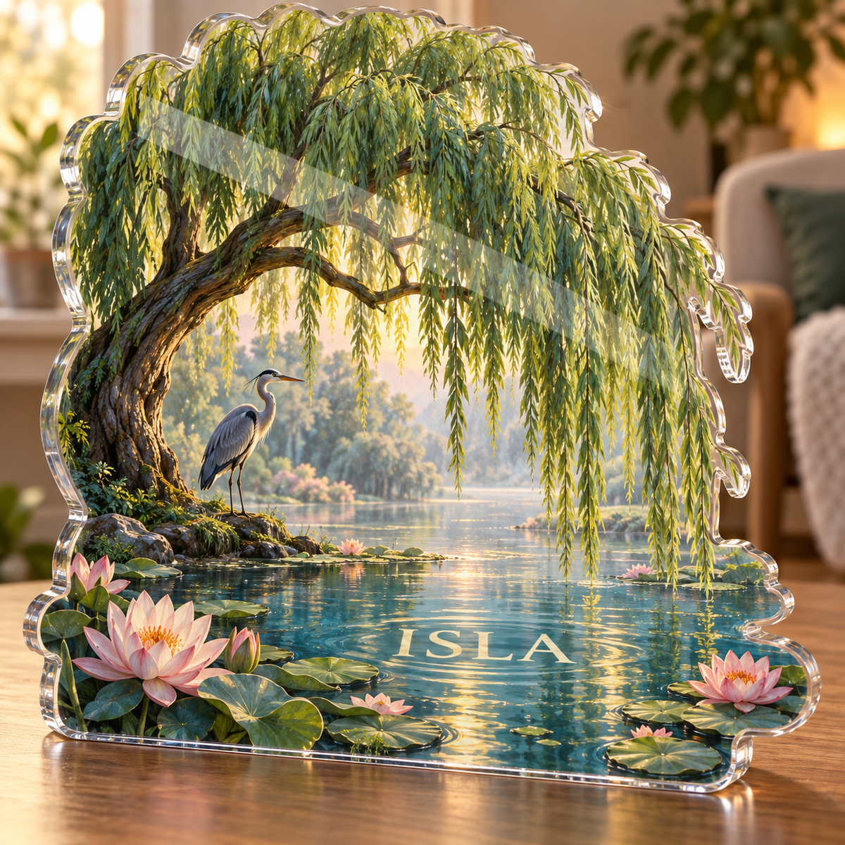 Artwork visualization: Willow pond — quiet corner decoration, personalized ISLA, subject-shaped acrylic with printed optical 3D depth; not carved relief.