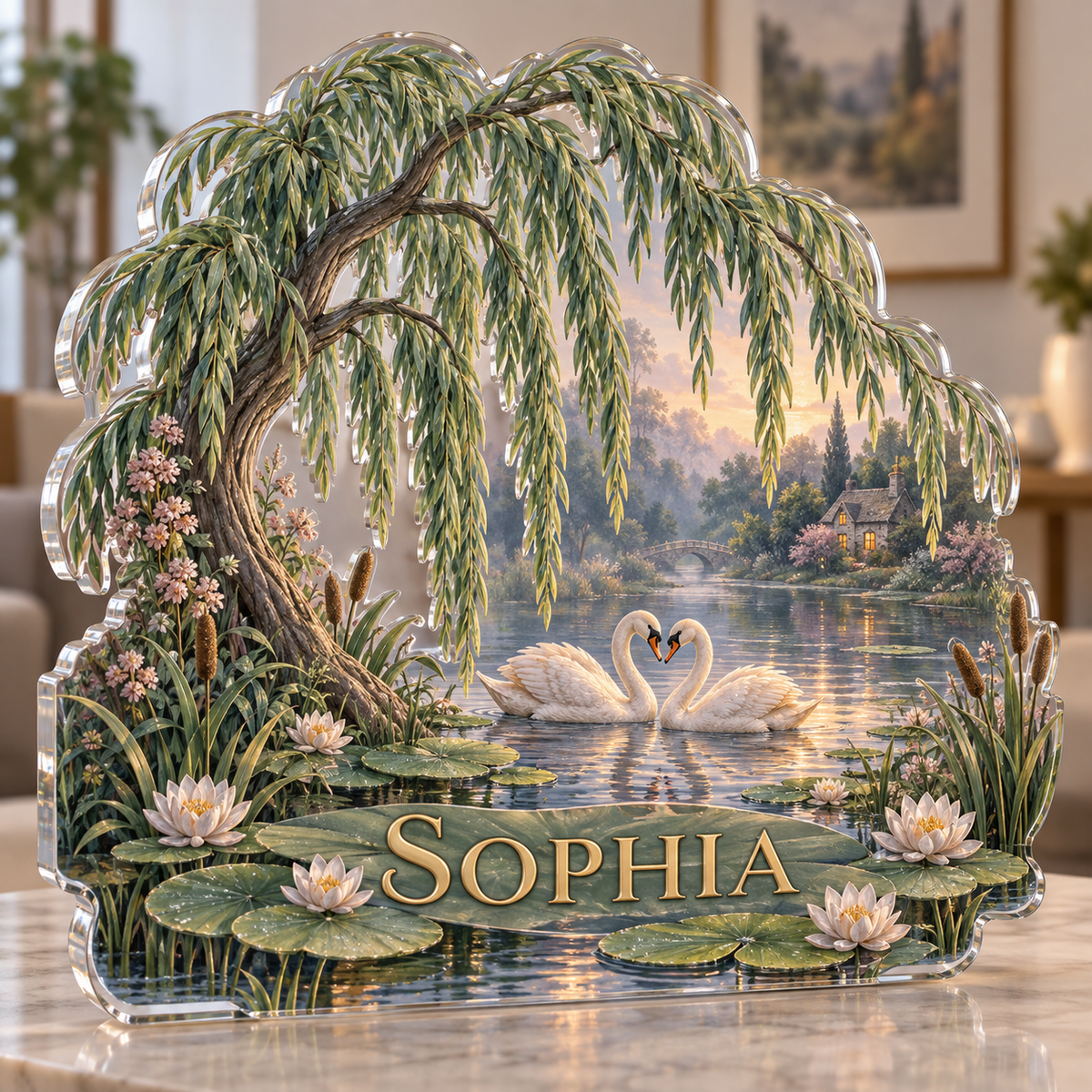 Artwork visualization: Willow pond — apartment gallery wall, personalized SOPHIA, subject-shaped acrylic with printed optical 3D depth; not carved relief.