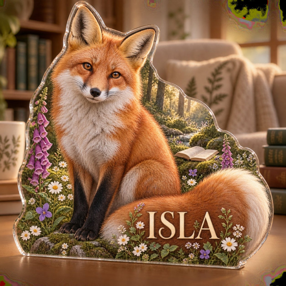 Personalized Fox And Wildflowers Reading Nook Decor custom shape acrylic plaque with an example name set into the artwork, digital preview