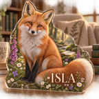 Artwork visualization: Fox and wildflowers — reading nook decor, personalized ISLA, subject-shaped acrylic with printed optical 3D depth; not carved relief.