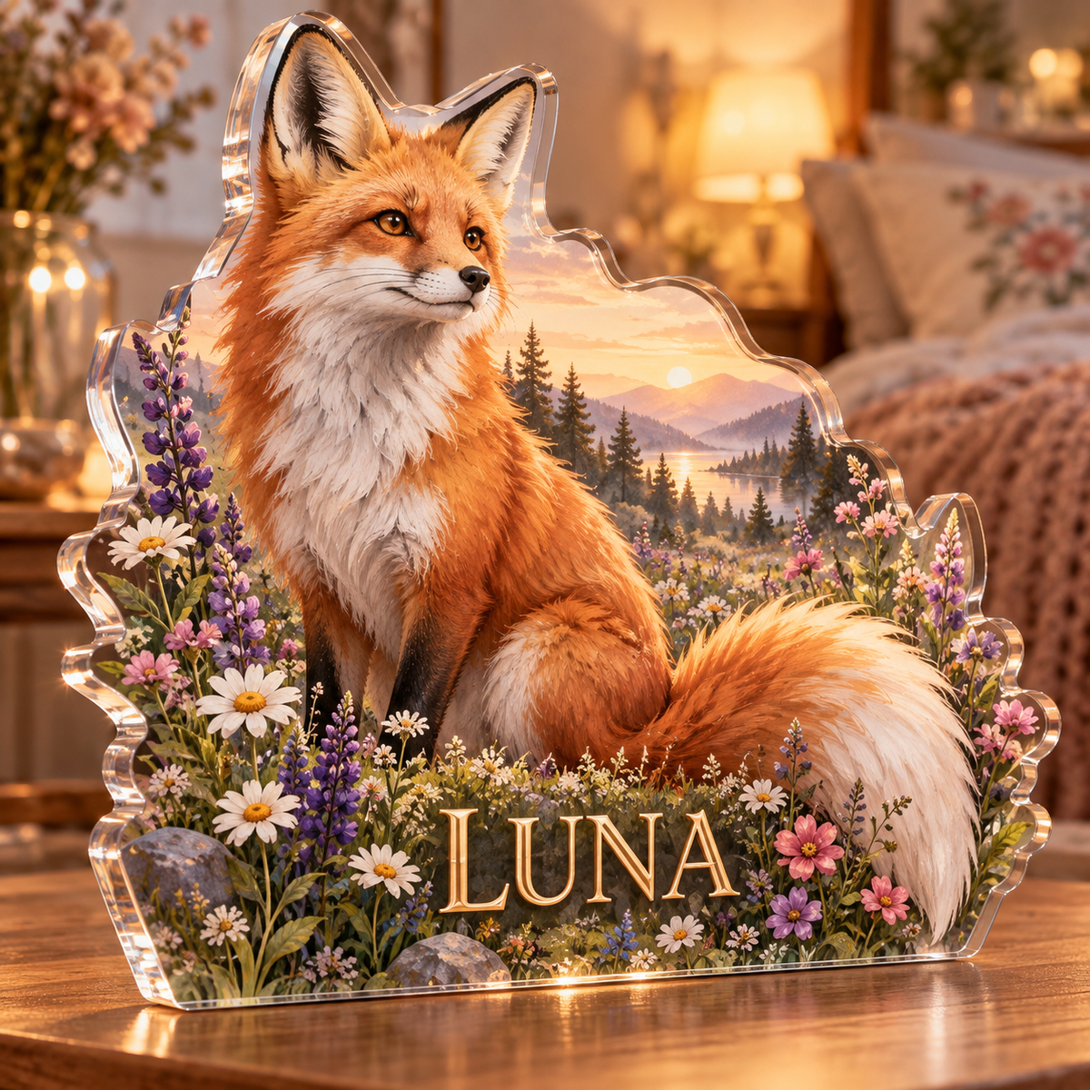 Artwork visualization: Fox and wildflowers — bedroom statement decor, personalized LUNA, subject-shaped acrylic with printed optical 3D depth; not carved relief.