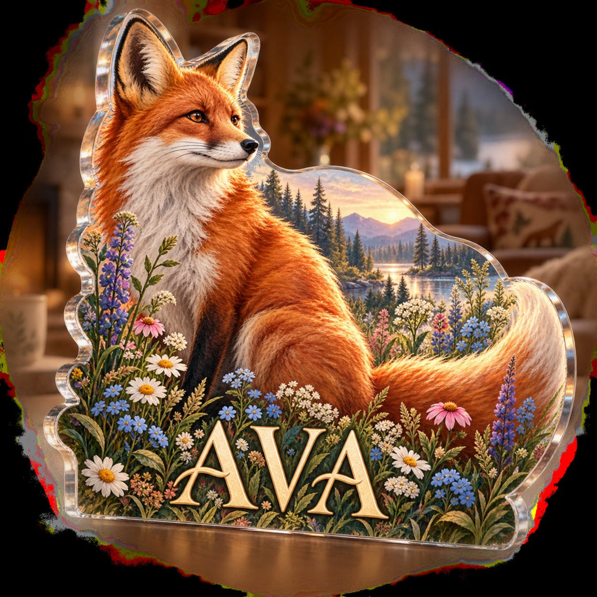 Personalized Fox And Wildflowers Living Room Focal Point custom shape acrylic plaque with an example name set into the artwork, digital preview