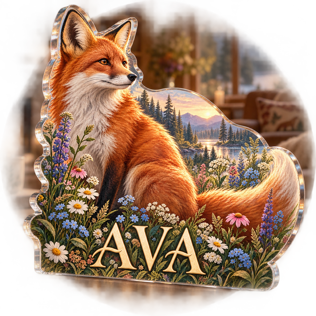 Artwork visualization: Fox and wildflowers — living room focal point, personalized AVA, subject-shaped acrylic with printed optical 3D depth; not carved relief.