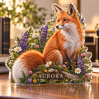 Artwork visualization: Fox and wildflowers — home office backdrop, personalized AURORA, subject-shaped acrylic with printed optical 3D depth; not carved relief.