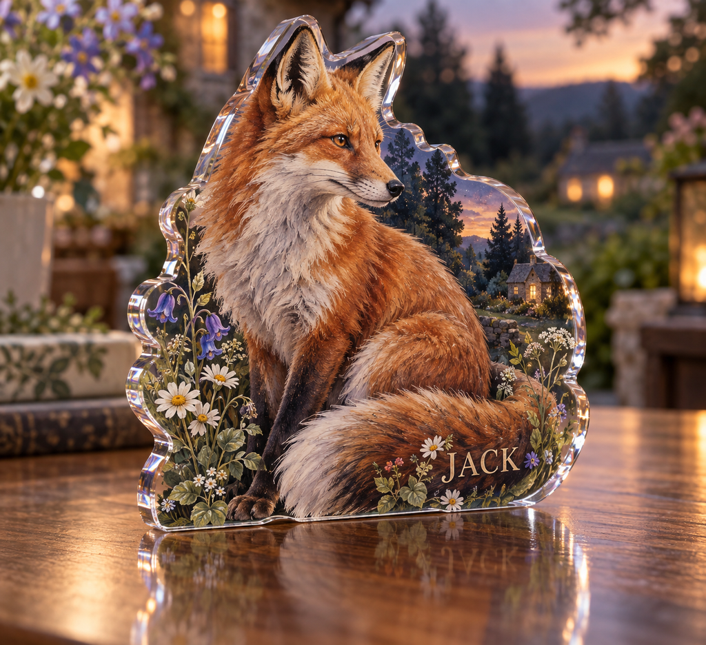 Artwork visualization: Fox and wildflowers — personalized housewarming, personalized JACK, subject-shaped acrylic with printed optical 3D depth; not carved relief.