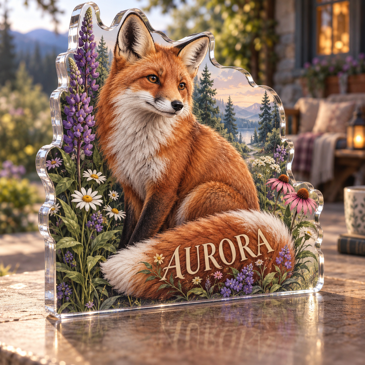 Artwork visualization: Fox and wildflowers — quiet corner decoration, personalized AURORA, subject-shaped acrylic with printed optical 3D depth; not carved relief.