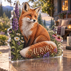 Artwork visualization: Fox and wildflowers — quiet corner decoration, personalized AURORA, subject-shaped acrylic with printed optical 3D depth; not carved relief.